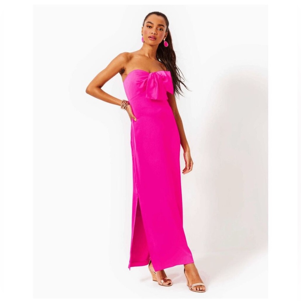 New Lilly Pulitzer Carlynn Satin Maxi Bow Dress Pink Palms Size 10 - Picture 3 of 6